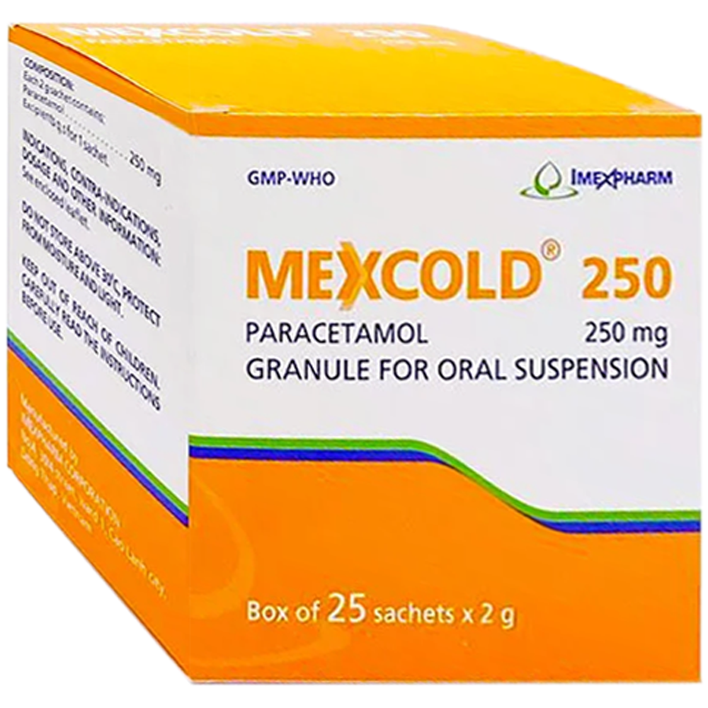 Thuốc cốm Mexcold 250 Imexpharm dùng trong cảm, cúm, sốt xuất huyết, nhiễm khuẩn (25 gói x 2g)