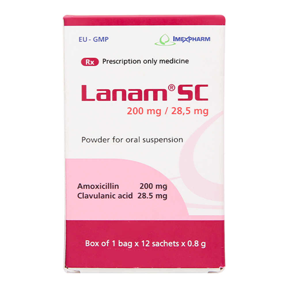 Bột pha uống Lanam SC 200mg/28,5mg Imexpharm điều trị các nhiễm khuẩn, viêm xoang cấp, viêm tai giữa (12 gói x 0,8g)