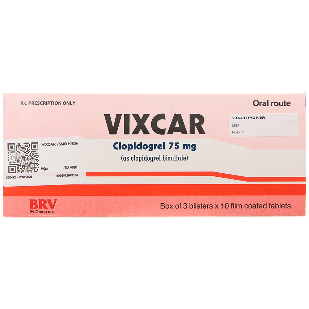 Thuốc Vixcar 75mg BRV phòng ngừa các biến cố huyết khối do xơ vữa động mạch (3 vỉ x 10 viên)