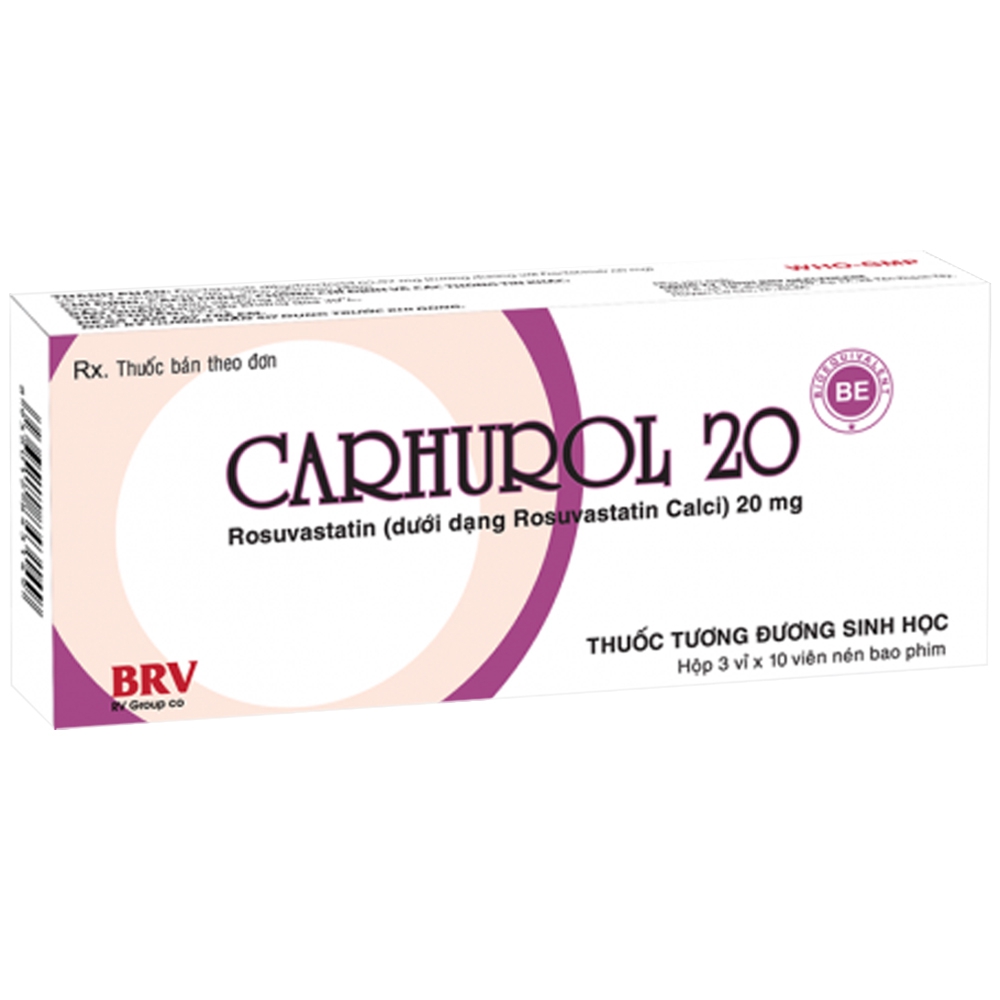 Thuốc Carhurol 20 BRV điều trị tăng cholesterol máu, phòng ngừa biến cố tim mạch (3 vỉ x 10 viên)