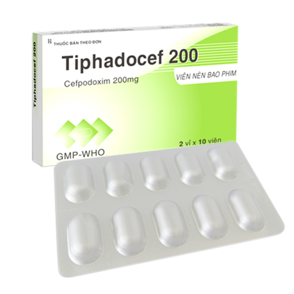 Thuốc Tiphadocef 200 Tipharco điều trị nhiễm khuẩn nhẹ đến trung bình ở đường hô hấp dưới (2 vỉ x 10 viên)