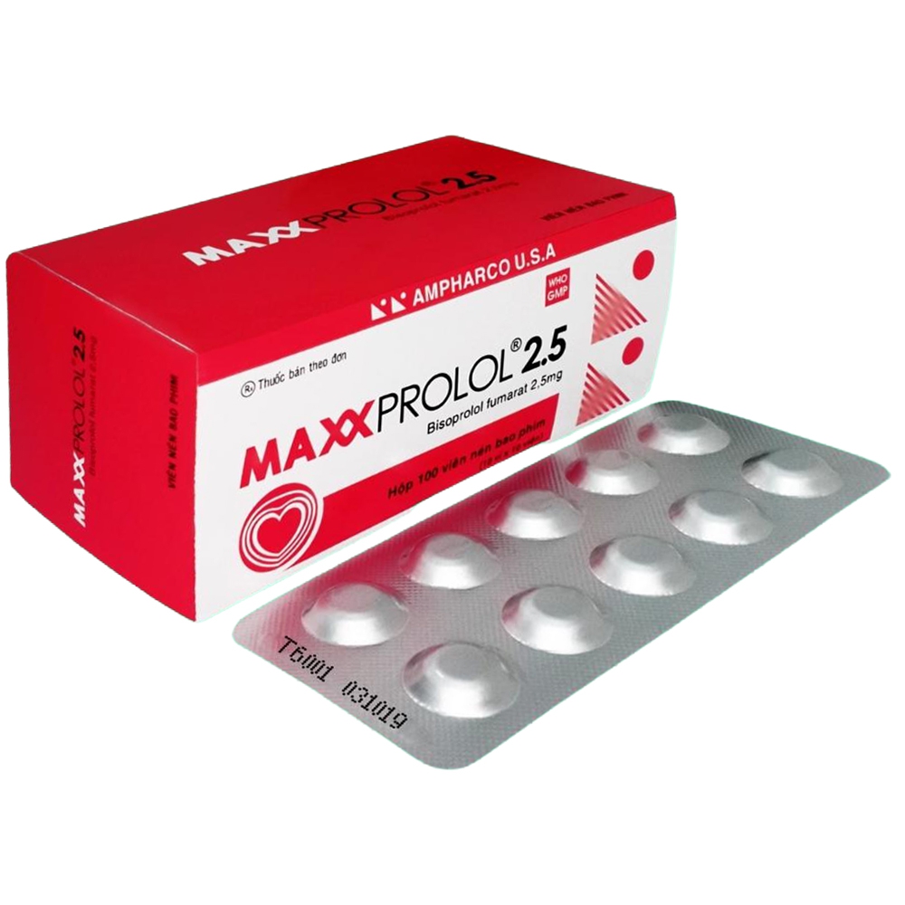 Thuốc Maxxprolol 2.5 Ampharco điều trị tăng huyết áp, suy tim, đau thắt ngực (10 vỉ x 10 viên)