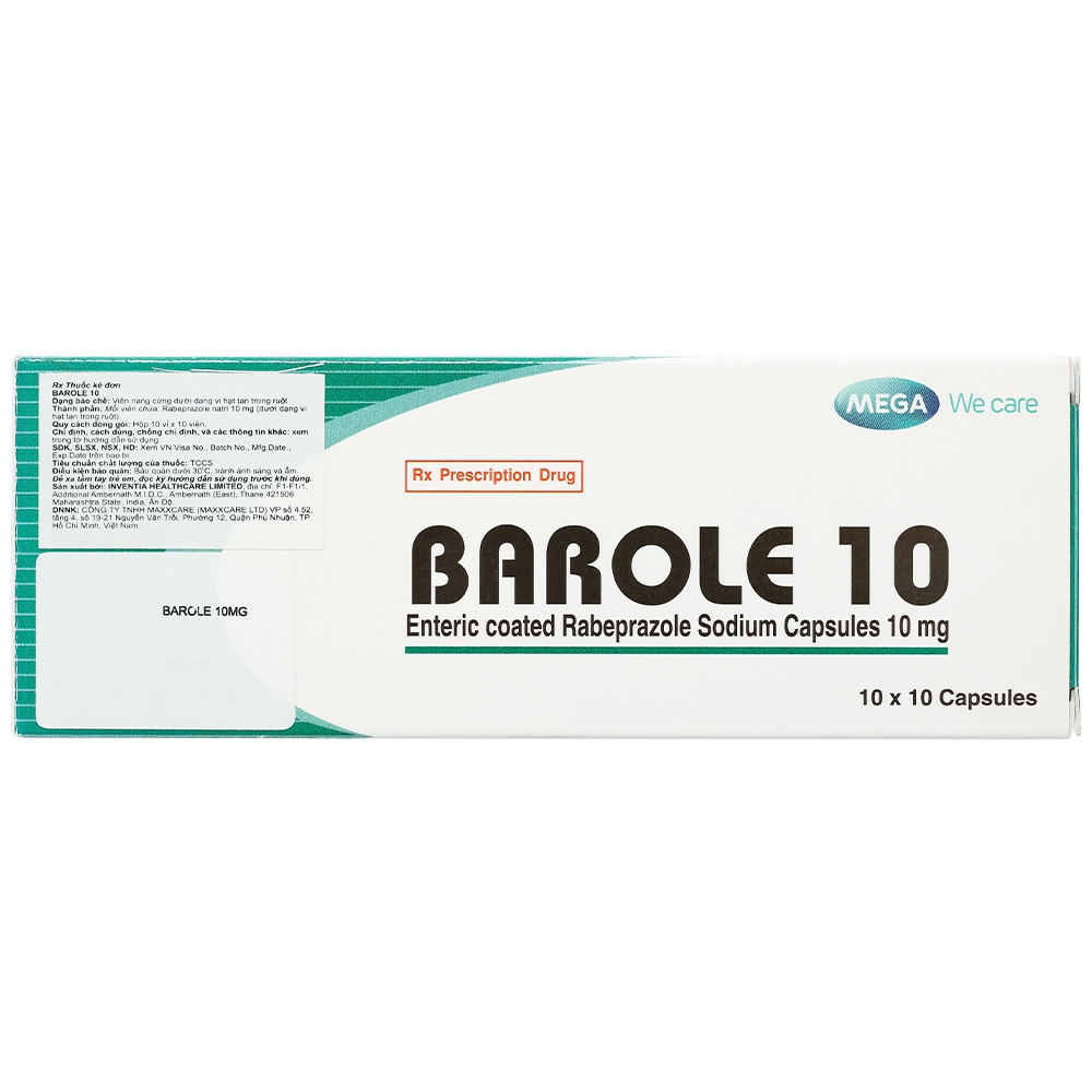 Thuốc Barole 10 MEGA We care điều trị bệnh viêm loét do trào ngược dạ dày - thực quản, loét dạ dày - tá tràng (10 vỉ x 10 viên)