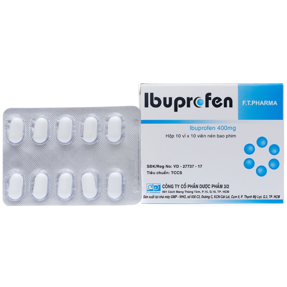 Thuốc Ibuprofen 400 F.T.Pharma giảm đau, hạ sốt, kháng viêm (10 vỉ x 10 viên)