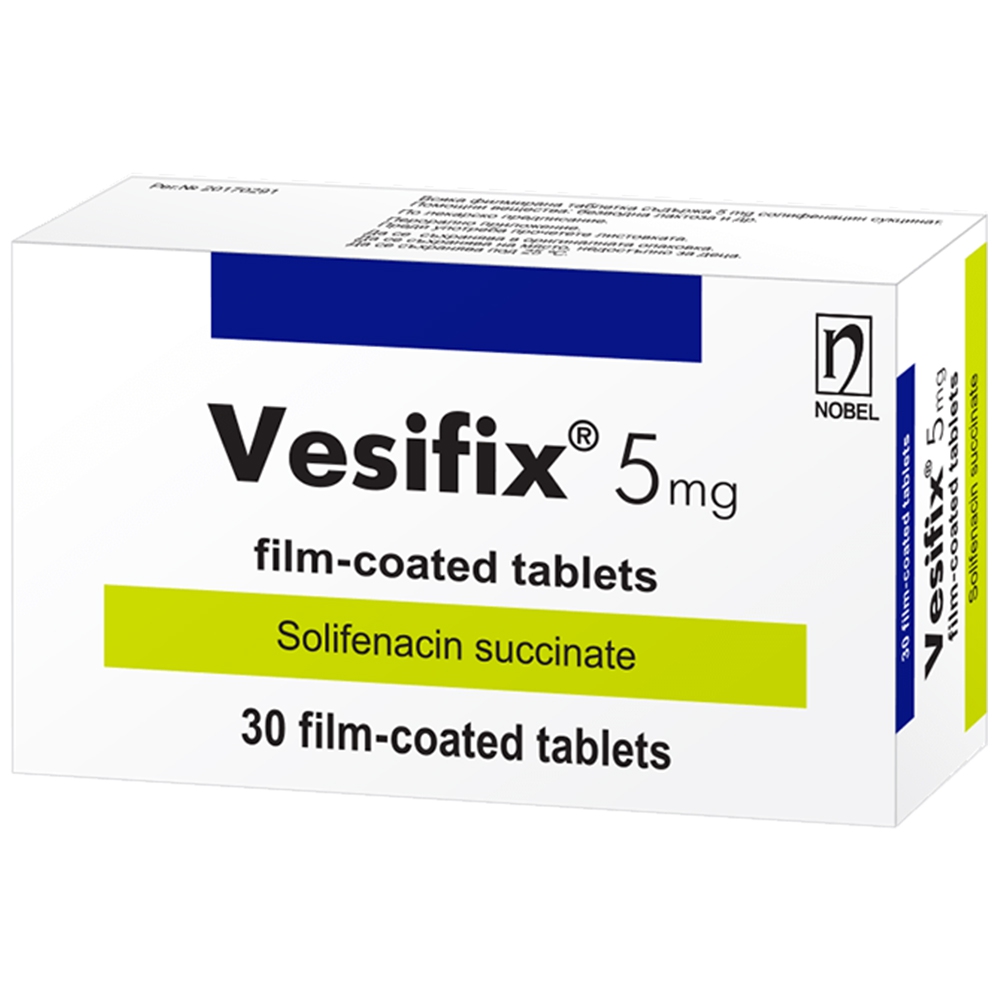 Thuốc Vesifix 5mg Nobel điều trị chứng tiểu tiện không tự chủ, hội chứng bàng quan tăng hoạt động (3 vỉ x 10 viên)