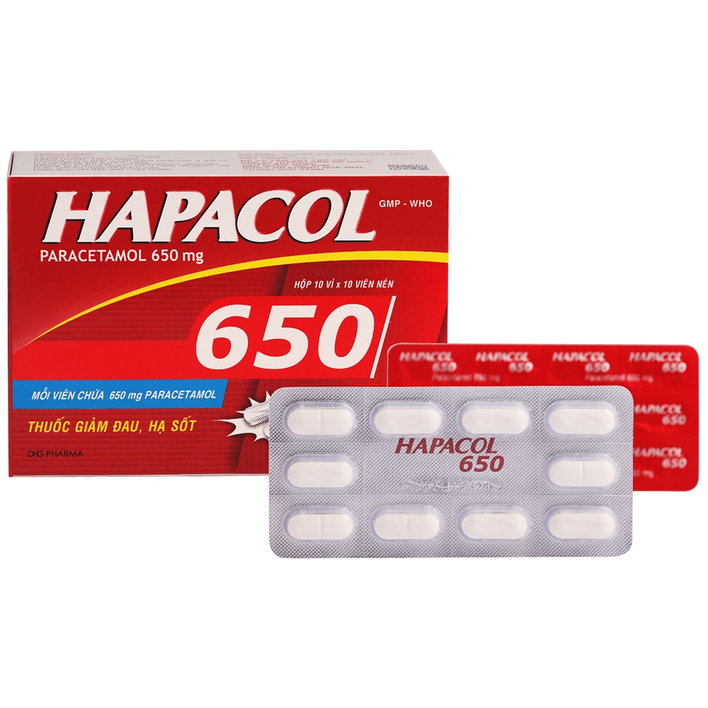 Thuốc Hapacol 650mg DHG điều trị đau đầu, đau nửa đầu, giúp hạ sốt ở bệnh nhân bị cảm (25 vỉ x 5 viên)