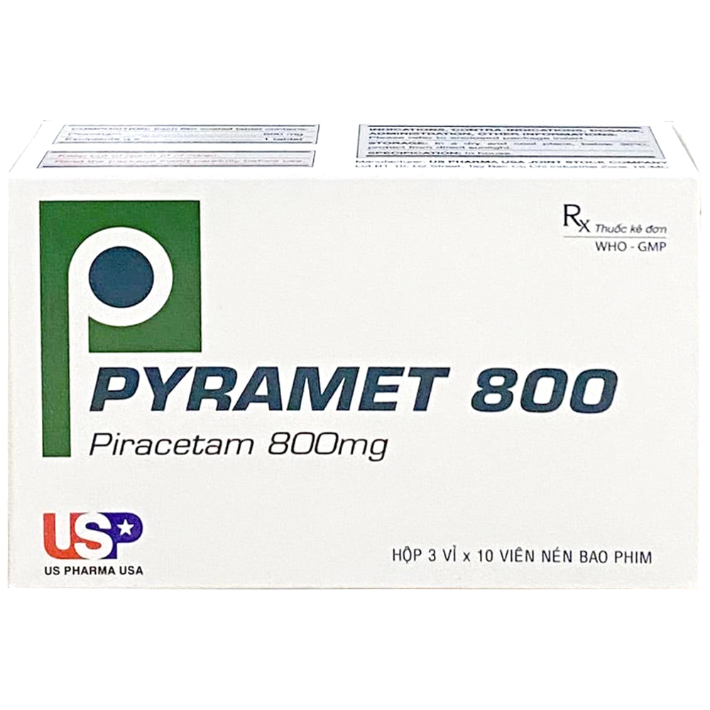 Thuốc Pyramet 800 USP điều trị rung giật cơ, thiếu máu não, sa sút trí tuệ, tăng cường trí nhớ (3 vỉ x 10 viên)