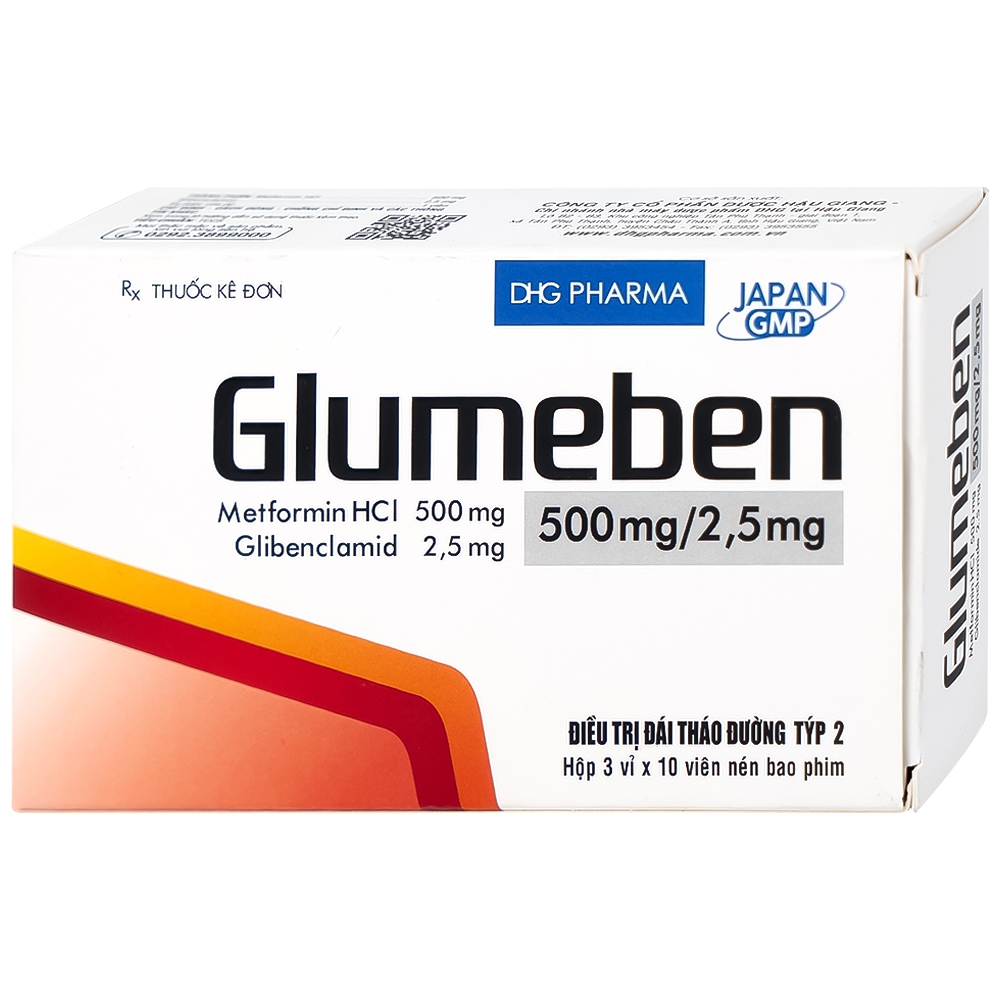 Thuốc Glumeben 500mg/2,5mg DHG điều trị đái tháo đường tuýp 2 (3 vỉ x 10 viên)