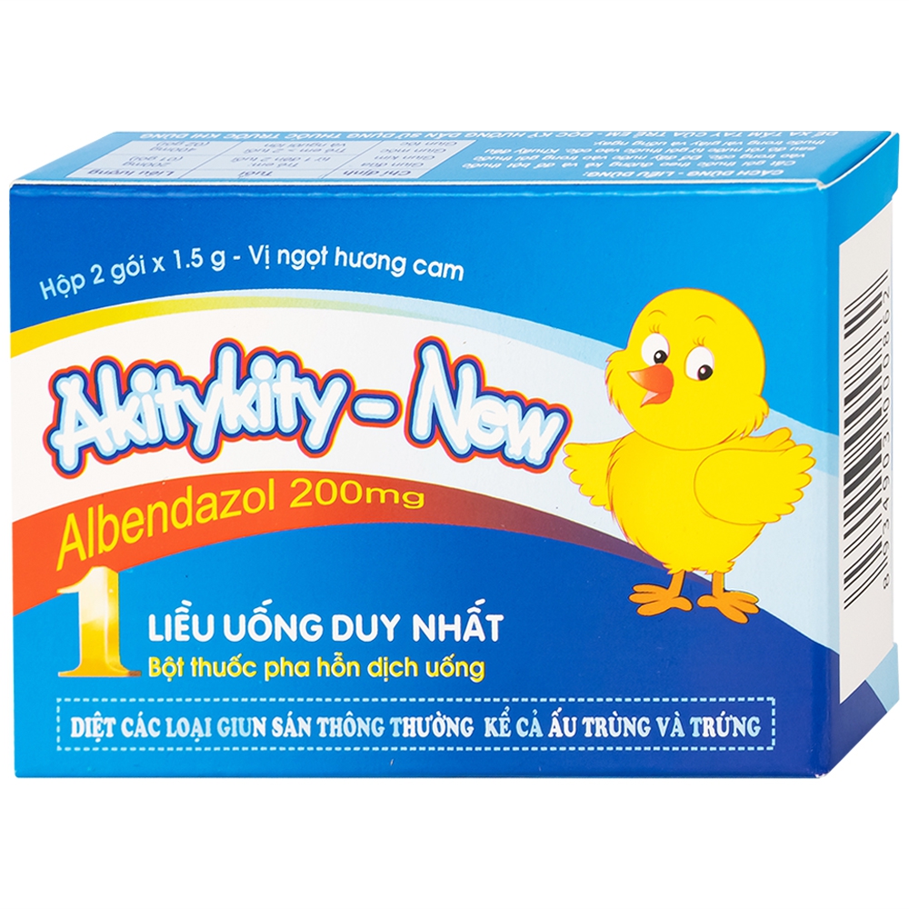 Hỗn dịch uống Akitykity-New 200mg Pharbaco vị ngọt hương cam diệt các loại giun sán, ấu trùng và trứng (2 gói x 1.5g)