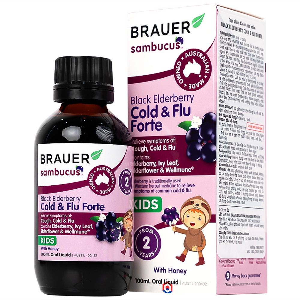 Dung dịch Black ElderBerry Cold And Flu Forte 100ml Brauer hỗ trợ giảm các triệu chứng ho, sổ mũi do cảm