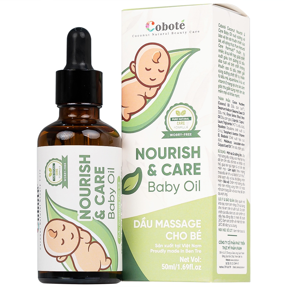 Dầu Massage Cho Bé Nourish & Care Baby Oil Coboté 50ml dưỡng ẩm, dịu vết công trùng cắn, giảm rôm sảy, cứt trâu