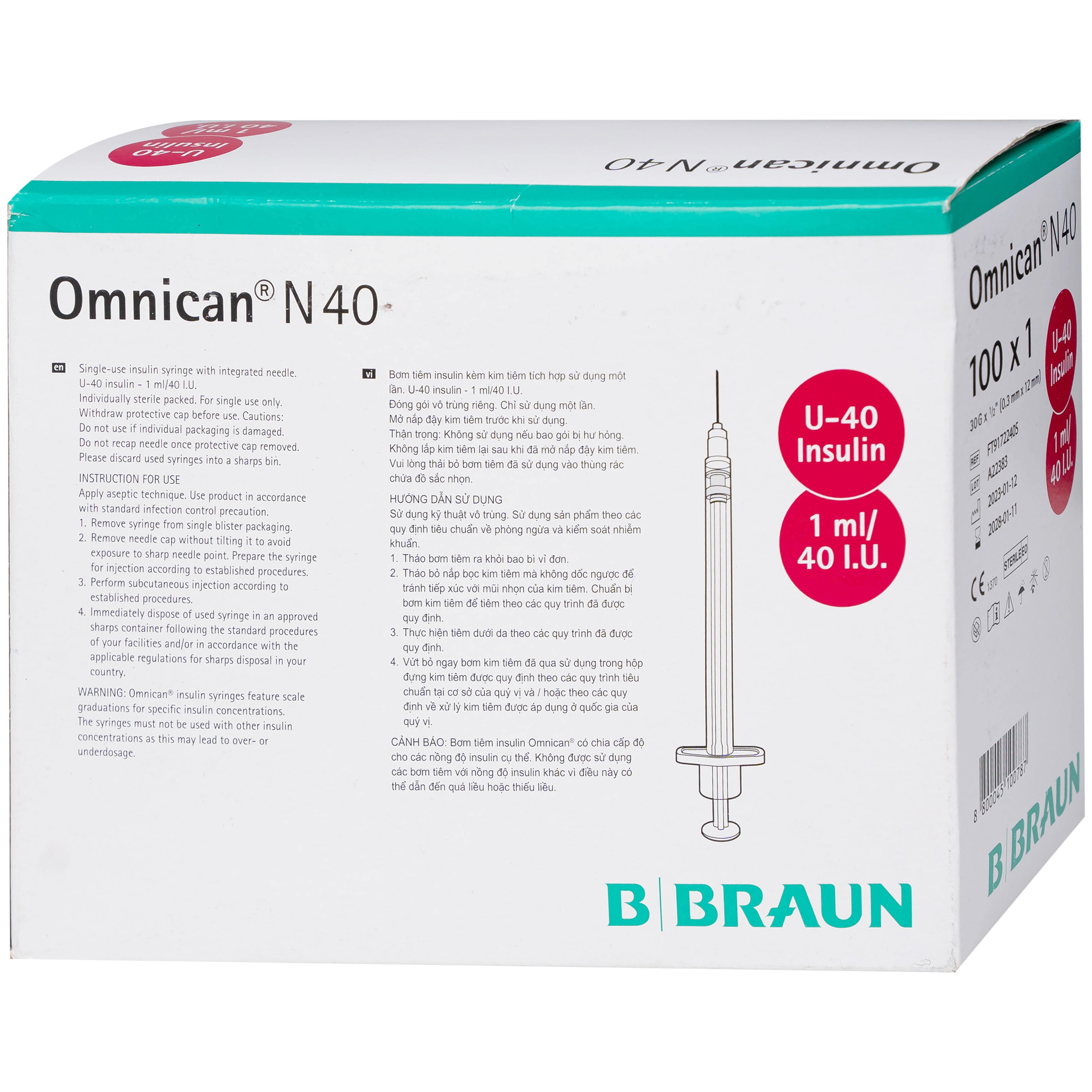 Bơm tiêm Insulin Omnican N40 B.Braun dùng tiêm insulin dưới da (100 cái)