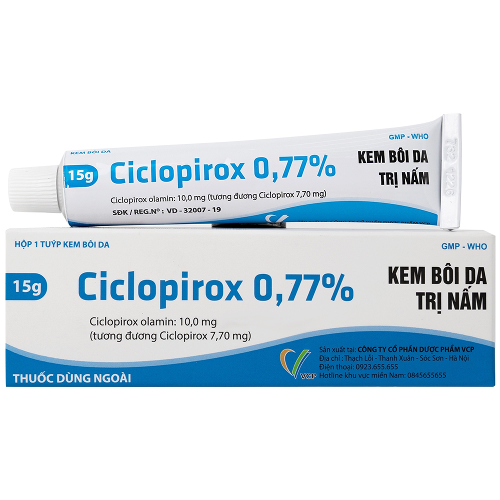 Kem bôi da Ciclopirox 0,77% VCP điều trị nấm da chân, nấm da đùi và nấm da toàn thân (15g)