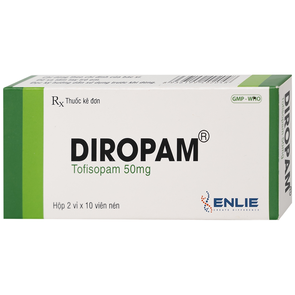 Thuốc Diropam 50mg Enlie điều trị triệu chứng đau thắt ngực giả, tiền mê sảng (2 vỉ x 10 viên)