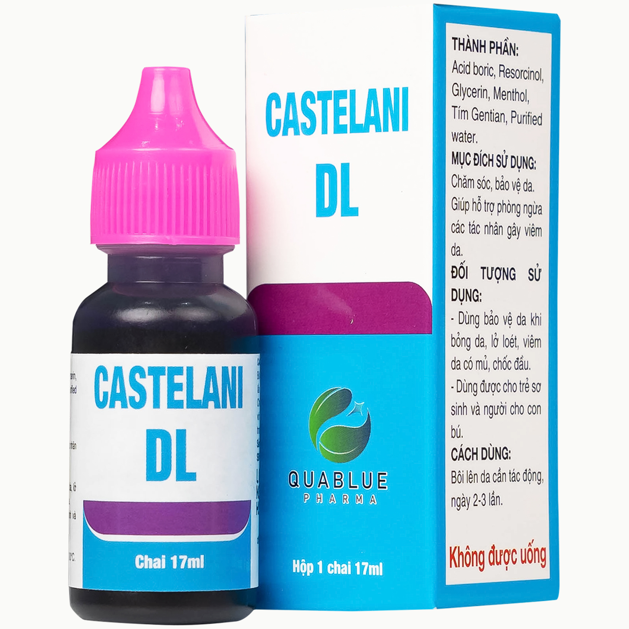 Dung dịch bôi ngoài da Castelani DL 17ml Quablue Pharma hỗ trợ phòng ngừa viêm da do bỏng da, lở loét