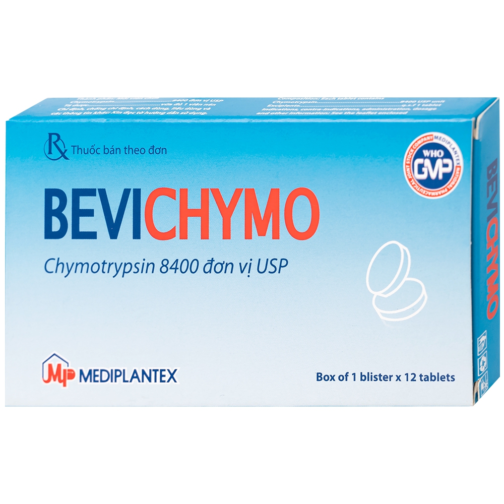 Thuốc Bevichymo Chymotrypsin 8400 Usp Mediplantex giảm đau, hạ sốt và kháng viêm (1 vỉ x 12 viên)