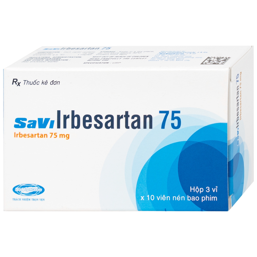 Thuốc SaVi Irbesartan 75 SaviPharm điều trị tăng huyết áp, bệnh thận (3 vỉ x 10 viên)