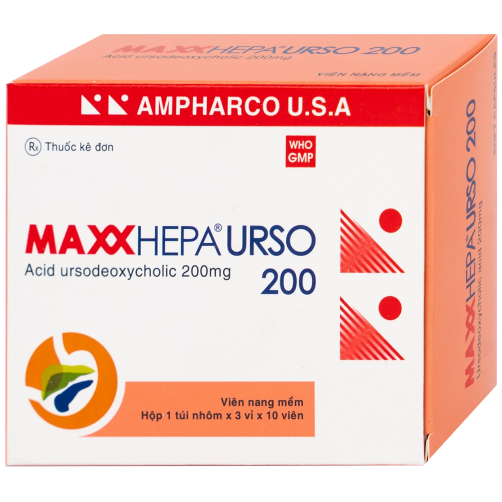 Thuốc Maxxhepa Urso 200 Ampharco điều trị xơ gan do mật nguyên phát, tan sỏi túi mật cholesterol (3 vỉ x 10 viên)