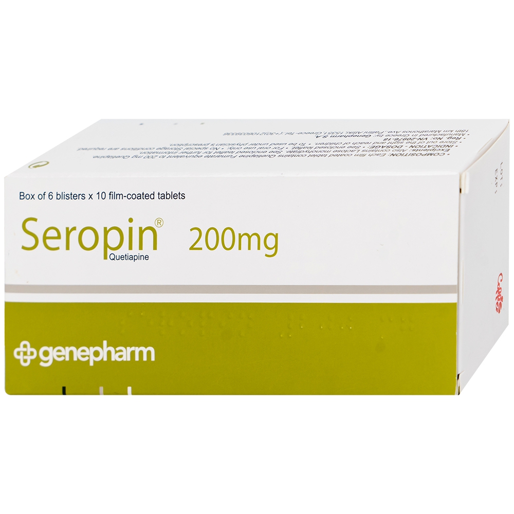 Thuốc Seropin 200mg Genepharm điều trị tâm thần phân liệt, hưng cảm lưỡng cực, trầm cảm lưỡng cực (6 vỉ x 10 viên)