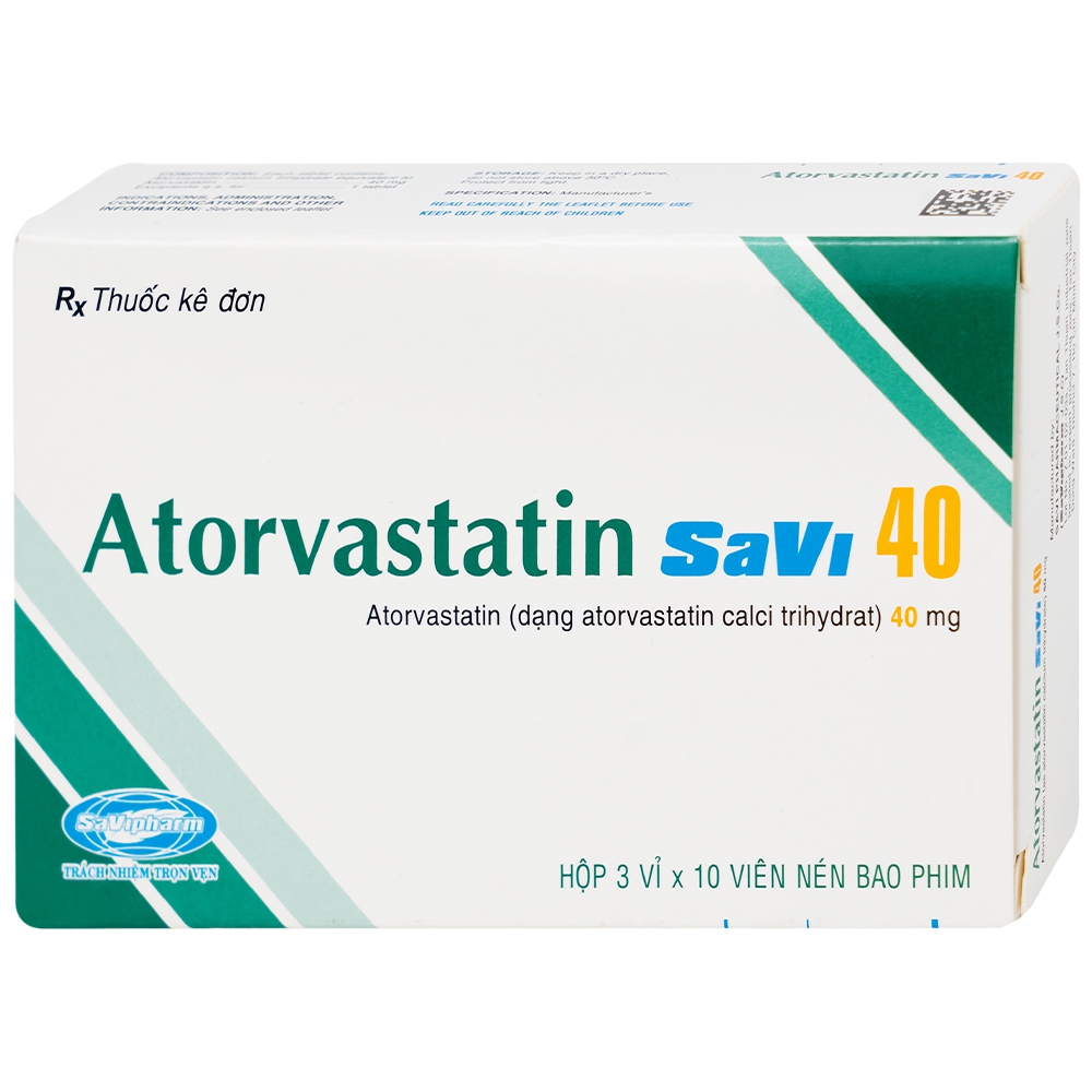 Thuốc Atorvastatin 40mg Savi điều trị rối loạn lipid máu, mỡ máu, cholesterol máu cao (3 vỉ x 10 viên)