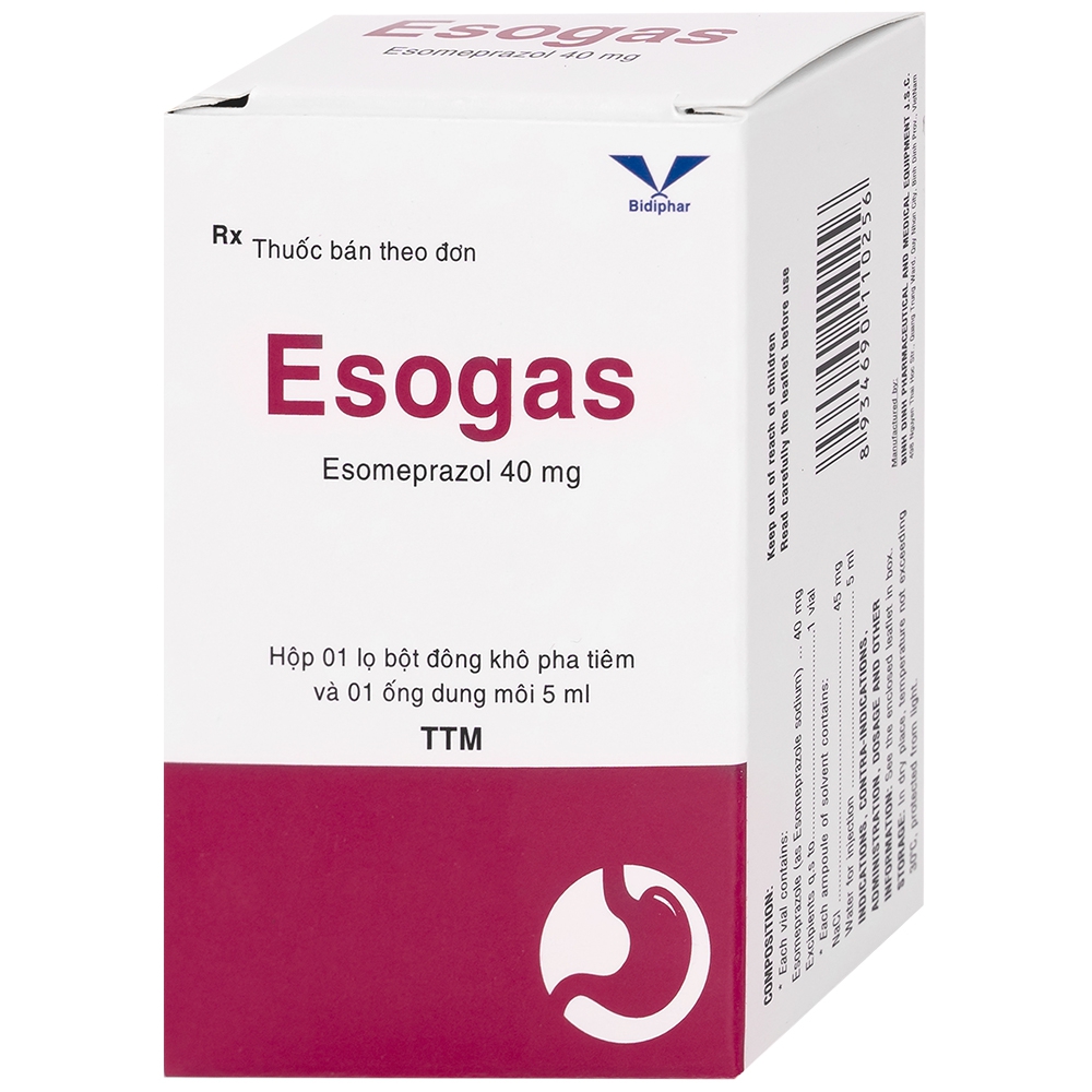 Thuốc Esogas 40mg Bidiphar điều trị kháng tiết acid dạ dày (1 lọ + 1 ống 5ml)