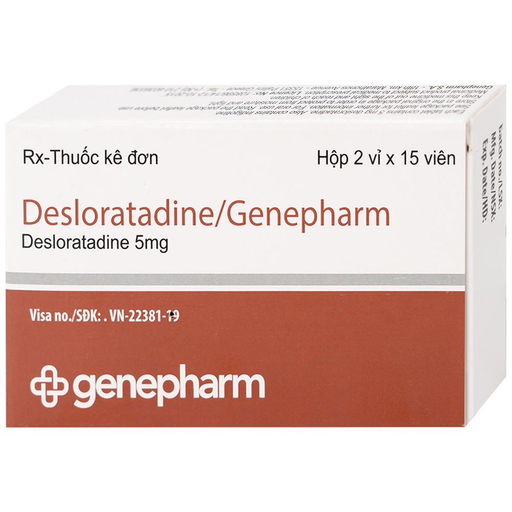 Thuốc Desloratadine 5mg Genepharm giảm các triệu chứng viêm mũi dị ứng, mày đay (2 vỉ x 15 viên)