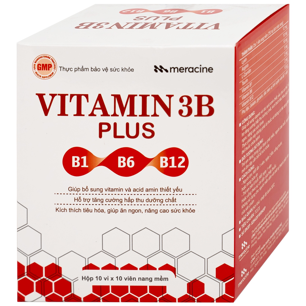 Viên uống Vitamin 3B Plus Meracine bổ sung vitamin B1, B6, B12, acid amin cho cơ thể (10 vỉ x 10 viên)