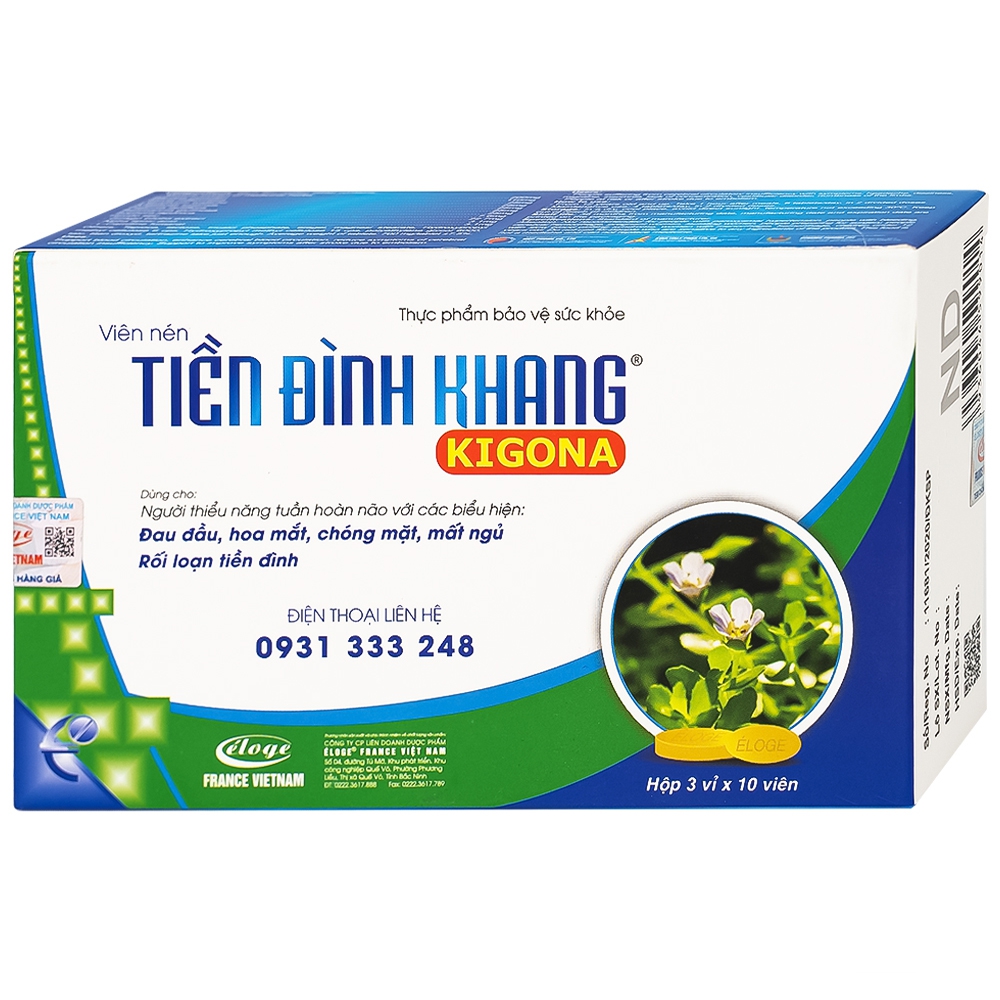 Viên uống Tiền Đình Khang Kigona Eloge hỗ trợ hoạt huyết, tăng cường tuần hoàn máu não (3 vỉ x 10 viên)