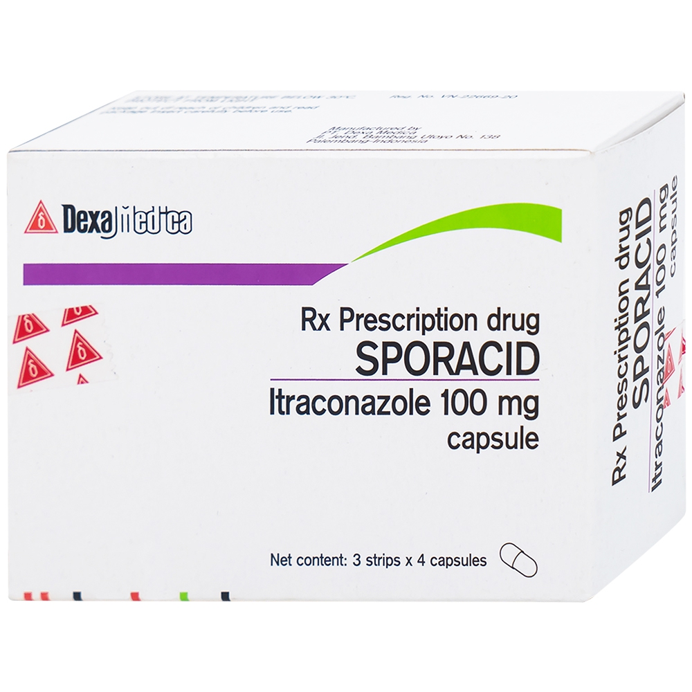 Thuốc Sporacid Itraconazole 100mg Dexa điều trị nấm candida âm hộ, âm đạo (3 vỉ x 4 viên)