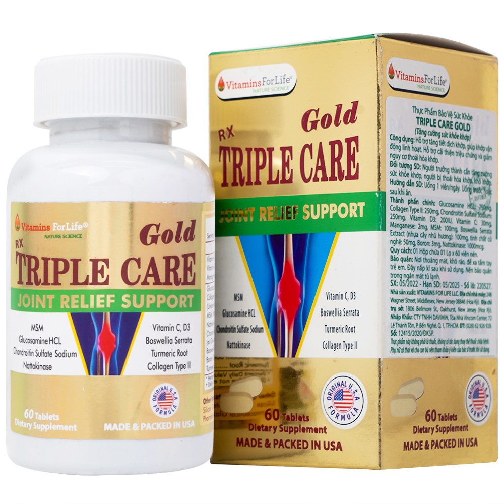 Viên nang cứng Triple Care Gold Vitamins For Life Hỗ trợ tăng tiết dịch khớp, giảm thoái hóa khớp (60 viên)