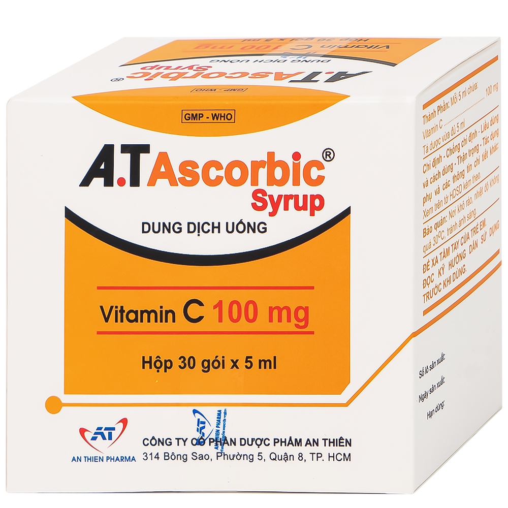 Dung dịch uống A.T Ascorbic Syrup 100mg bổ sung vitamin C, điều trị bệnh scorbut (30 gói x 5ml)