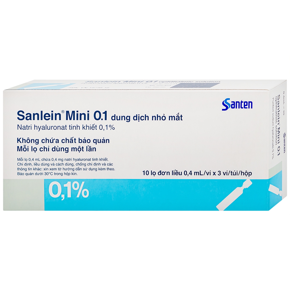 Thuốc nhỏ mắt Sanlein Mini 0.1% Santen hỗ trợ điều trị rối loạn biểu mô kết giác mạc (3 vỉ x 10 lọ x 0.4ml)