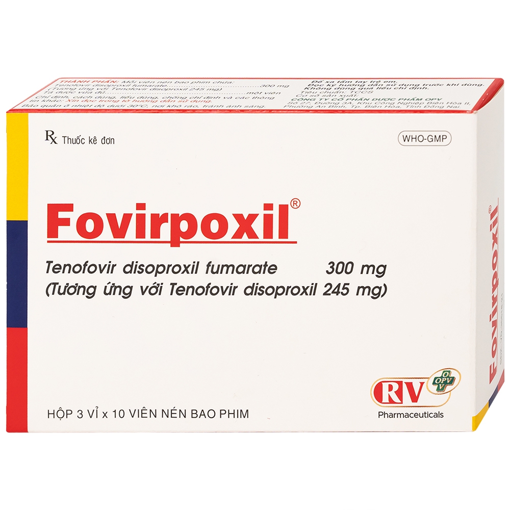 Thuốc Fovirpoxil Opv Tenofovir disoproxil fumarate điều trị viêm gan B, HIV-1 (3 vỉ x 10 viên)