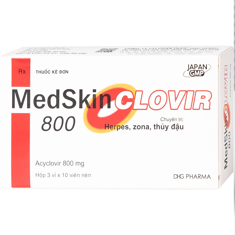 Thuốc MedSkin Clovir 800 DHG điều trị nhiễm virus Herpes simplex, bệnh thủy đậu, viêm phổi do Zona (3 vỉ x 10 viên)