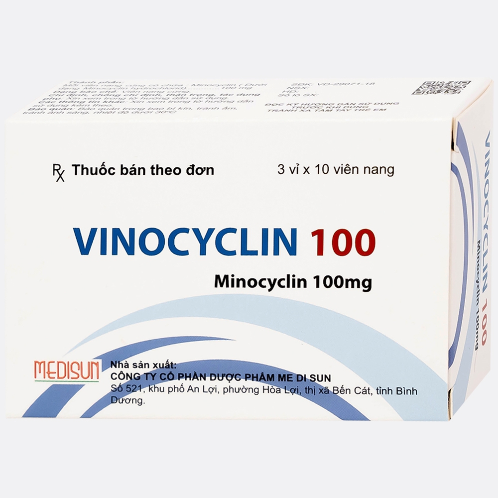 Thuốc Vinocyclin 100 Medisun điều trị mụn trứng cá, nhiễm trùng đường hô hấp (3 vỉ x 10 viên)