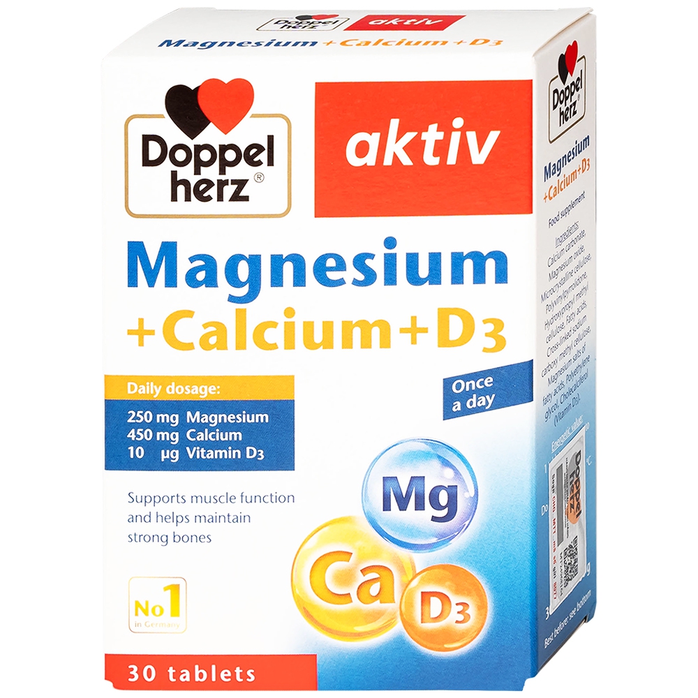 Viên uống Magnesium+Calcium+D3 Doppelherz Aktiv hỗ trợ cơ và xương khỏe mạnh (3 vỉ x 10 viên)