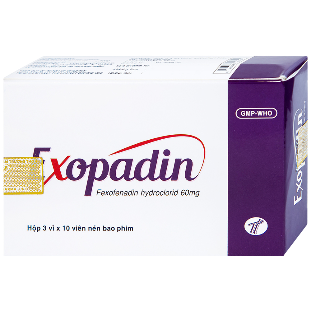 Thuốc Exopadin 60mg Trường Thọ điều trị viêm mũi dị ứng, mày đay (3 vỉ x 10 viên) 