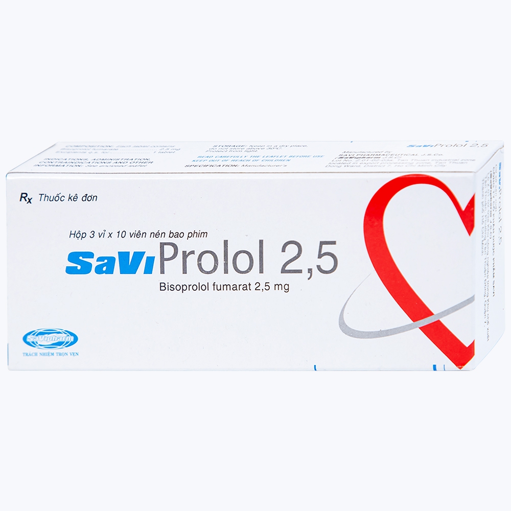 Thuốc SaViProlol 2,5 điều trị tăng huyết áp, đau thắt ngực (3 vỉ x 10 viên) 