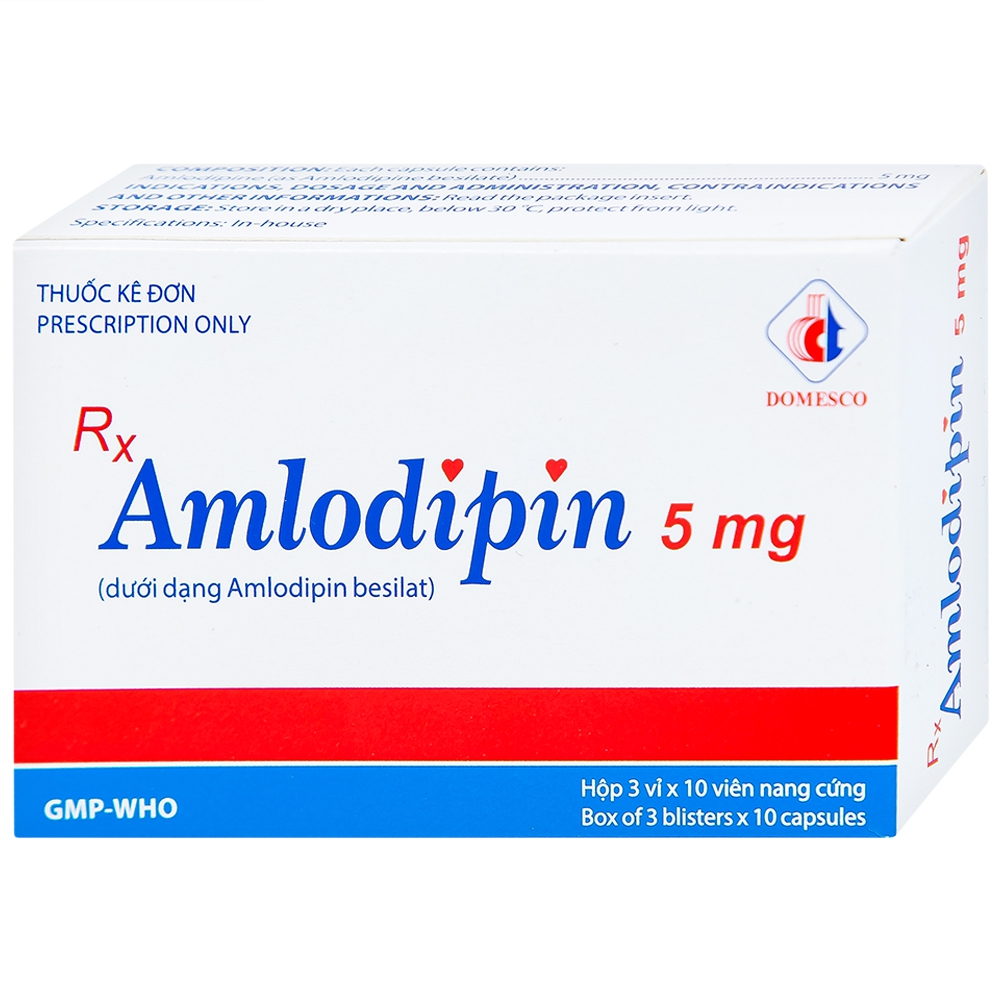 Thuốc Amlodipin 5mg Domesco điều trị tăng huyết áp, đau thắt ngực (3 vỉ x 10 viên)