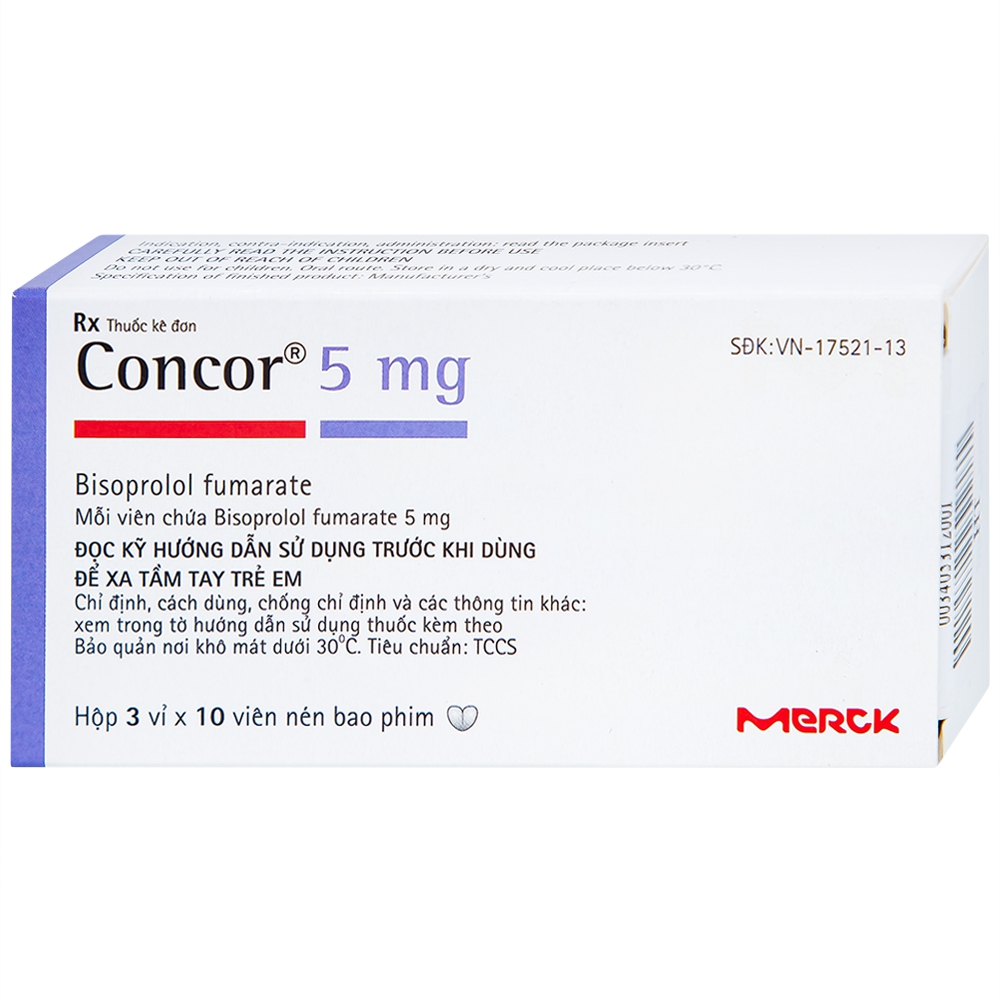 Thuốc Concor 5mg Merck điều trị tăng huyết áp, đau thắt ngực (3 vỉ x 10 viên)