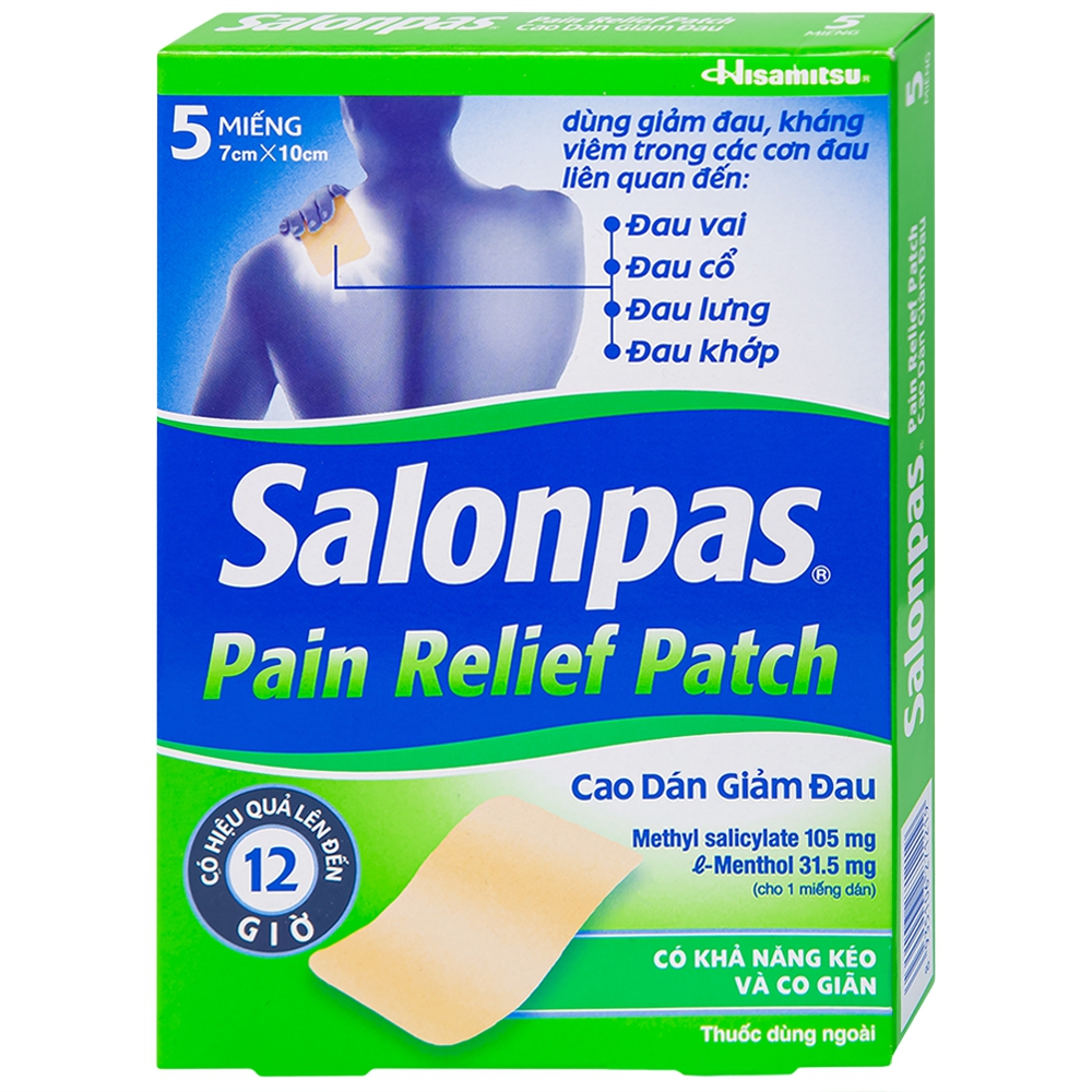 Cao dán giảm đau Salonpas Pain Relief Patch dùng trong các cơn đau vai, đau cổ (7cm x 10 cm - 5 miếng)