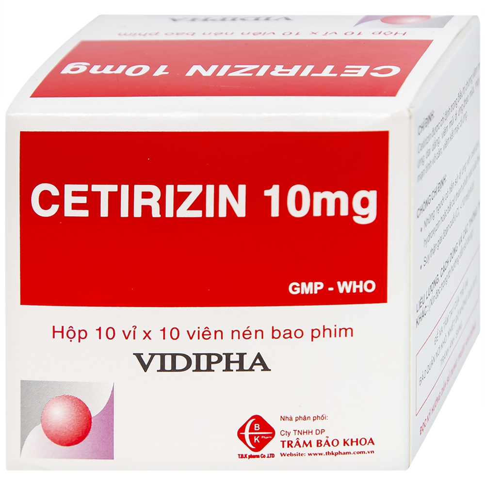 Thuốc Cetirizin 10mg Vidipha điều trị triệu chứng viêm mũi dị ứng, mày đay (10 vỉ x 10 viên)