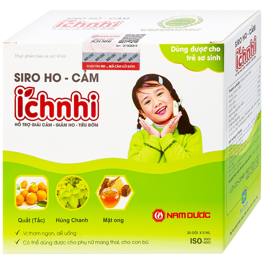 Siro ho cảm Ích Nhi Nam Dược hỗ trợ giải cảm, giảm ho, tiêu đờm (30 gói x 5ml)