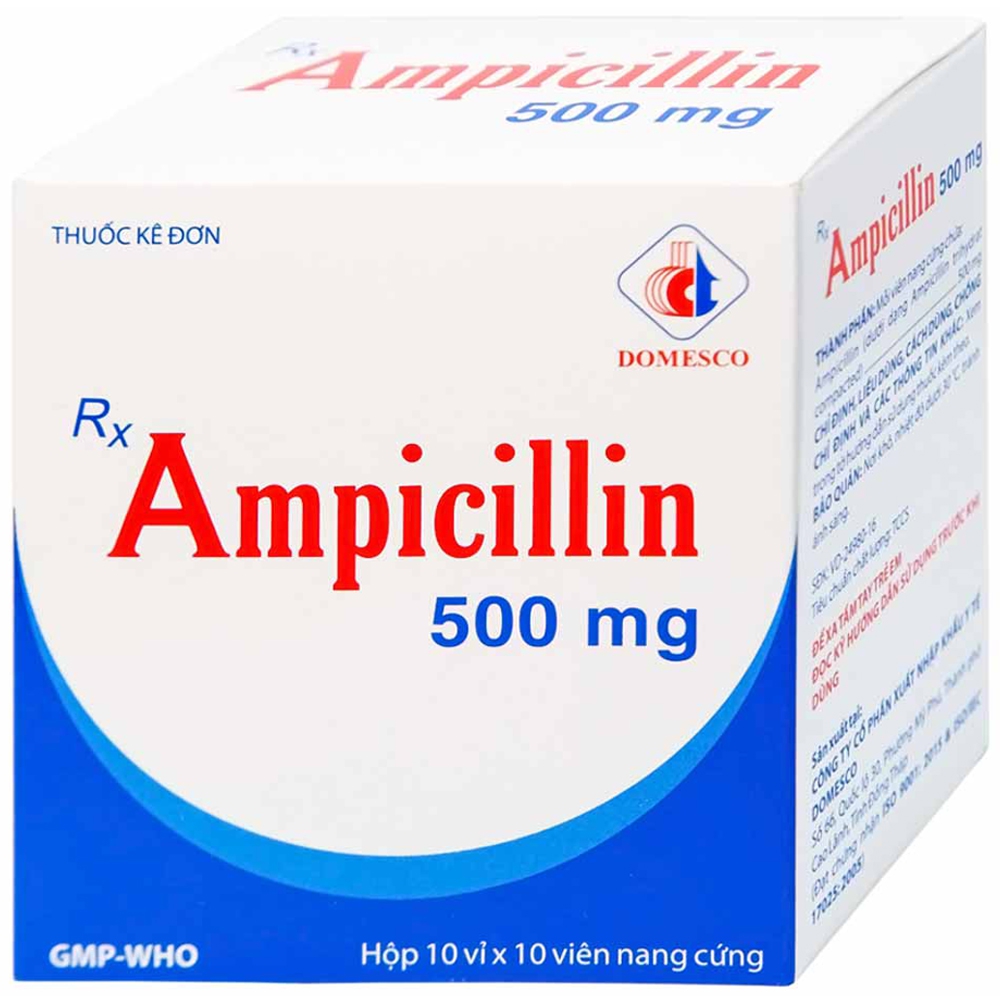 Thuốc Ampicillin 500mg Domesco điều trị nhiễm khuẩn (10 vỉ x 10 viên)