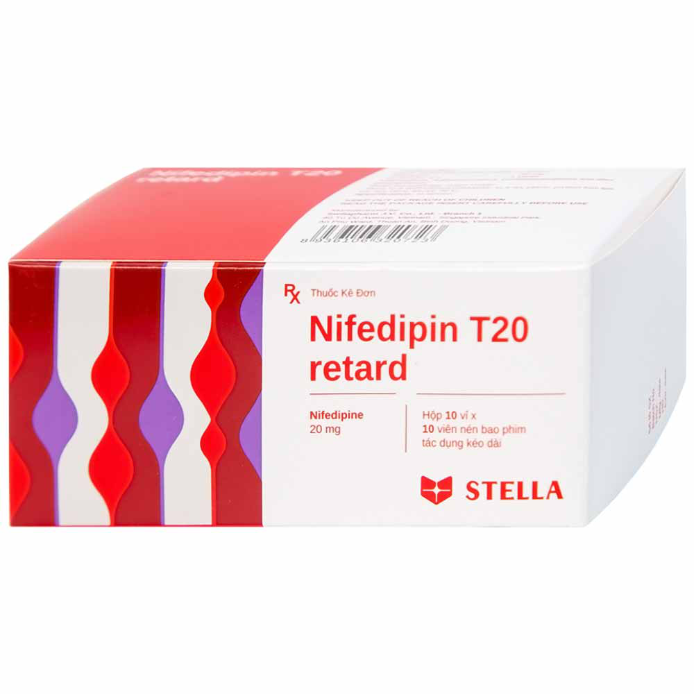 Viên nén Nifedipin T20 retard Stella dự phòng đau thắt ngực, điều trị tăng huyết áp (10 vỉ x 10 viên) 