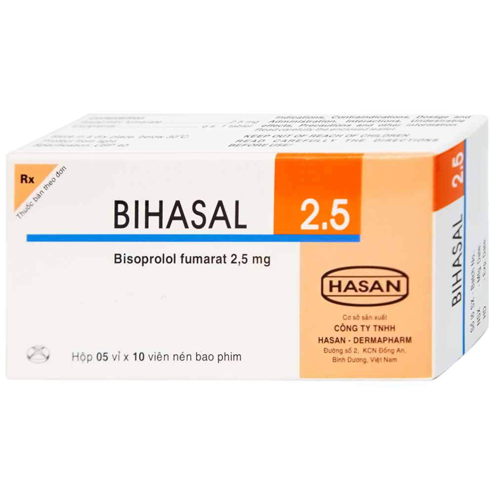 Thuốc Bihasal 2.5 Hasan điều trị tăng huyết áp, đau thắt ngực, suy tim mạn tính ổn định (5 vỉ x 10 viên)