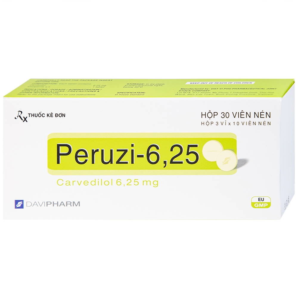 Viên nén Peruzi-6,25 DaViPharm chống tăng huyết áp, chống đau thắt ngực (3 vỉ x 10 viên)