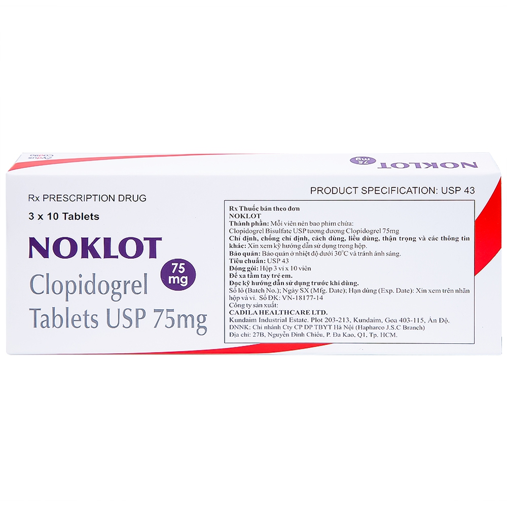 Viên nén Noklot 75mg Cadila phòng ngừa tai biến xơ vữa động mạch (3 vỉ x 10 viên)