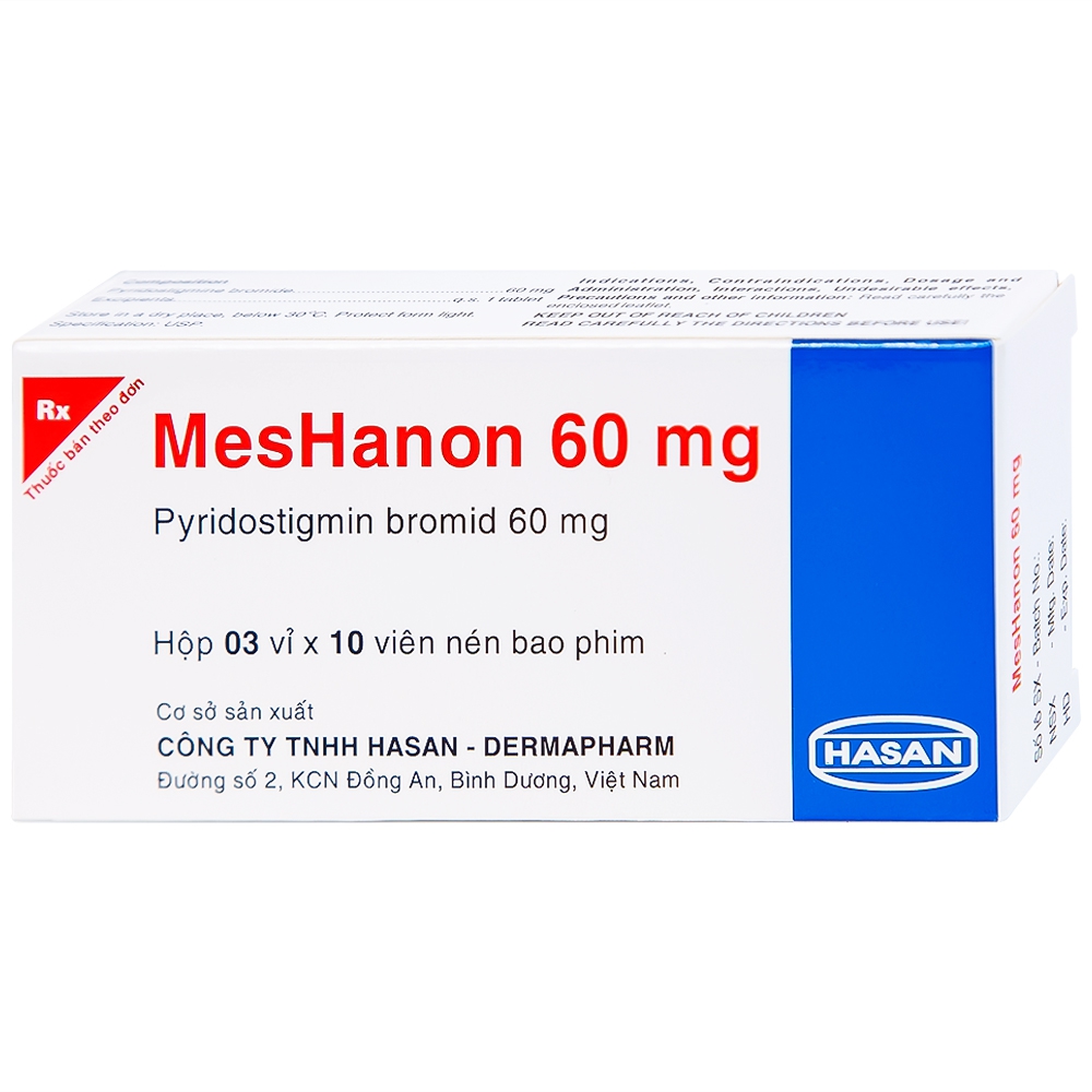 Viên nén MesHanon 60mg Hasan điều trị nhược cơ, tắt ruột do liệt ruột và bí tiểu sau phẫu thuật (3 vỉ x 10 viên)