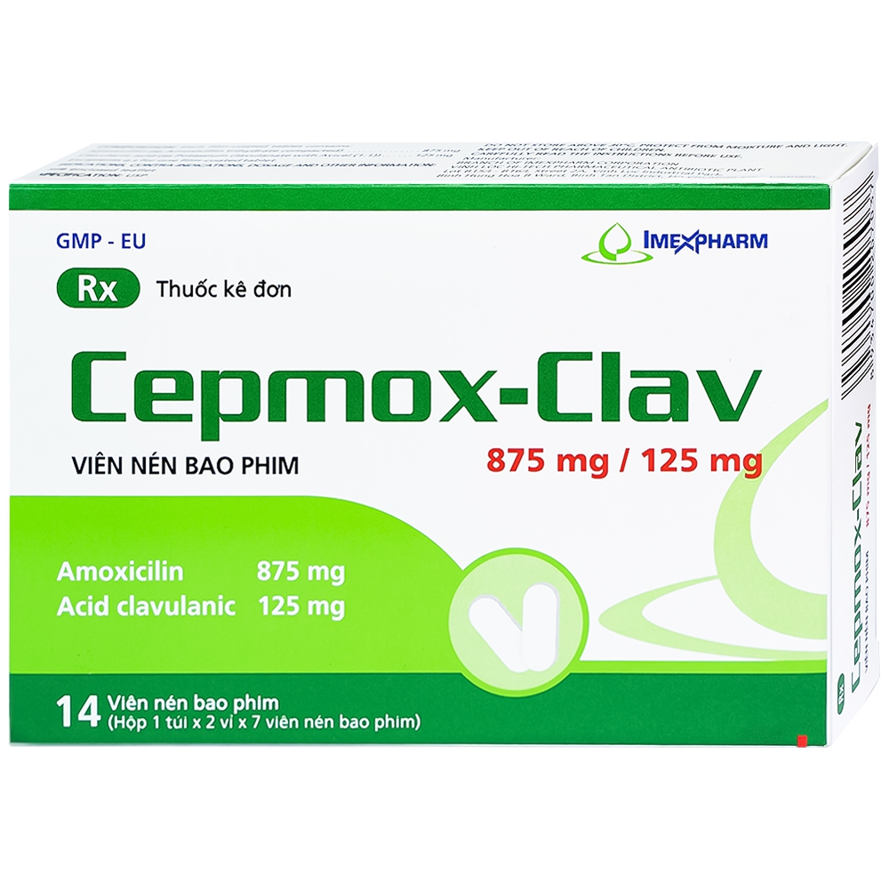 Thuốc Cepmox-Clav 875mg/125mg Imexpharm điều trị viêm xoang cấp tính do vi khuẩn, viêm tai giữa cấp tính (2 vỉ x 7 viên)